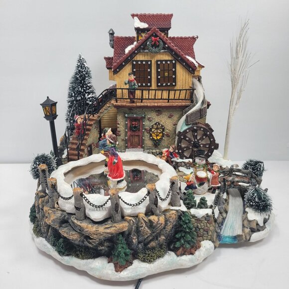 Fiber Optic Mill Scene Christmas Village Light Up Musical Revolving Ice Skaters - Picture 9 of 10